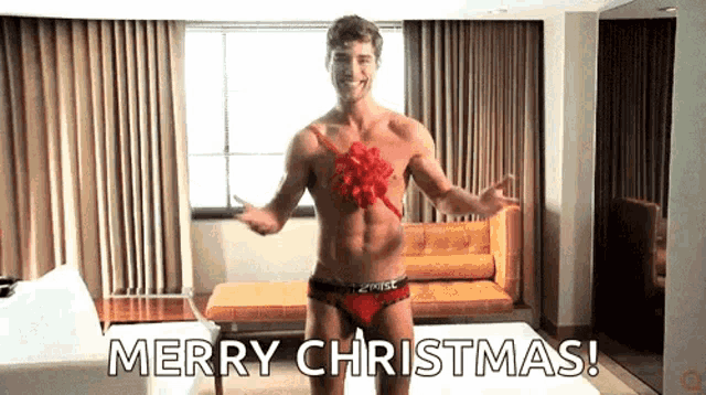 a shirtless man in underwear with a red bow on his chest is standing in a living room and says merry christmas .