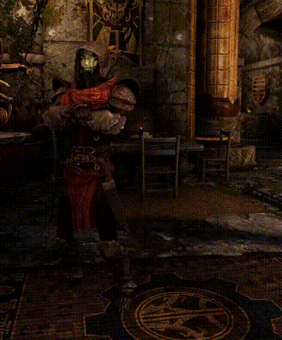 a video game character is standing in a dark room with a circular pattern on the floor
