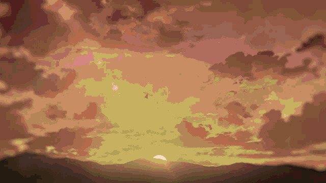 a pixel art of a sunset with mountains in the foreground