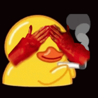 a yellow duck wearing red gloves is smoking a cigarette and covering its eyes .