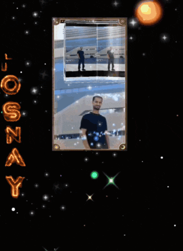 a man in a black shirt is standing in front of a mirror with the word lossay written on the bottom