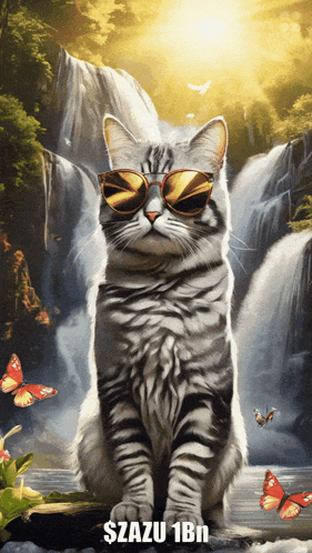 a cat wearing sunglasses sits in front of a waterfall with the caption $razu 1bn