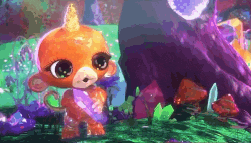 a monkey with a horn is standing next to a tree in a fairytale world .