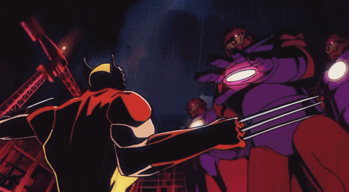 a cartoon drawing of a man and a purple robot with lightning coming from them