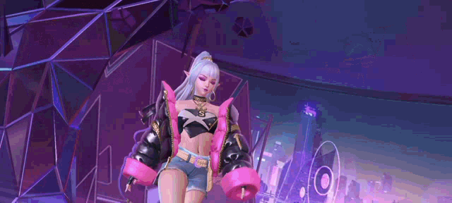 a woman in a pink and black outfit is standing in a room with a purple background .