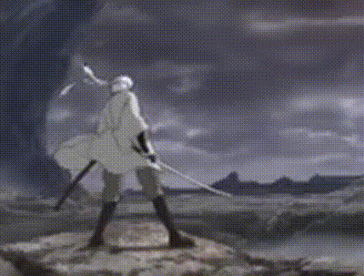 a man is holding a sword in his hand and walking in a dark forest .