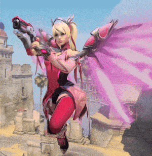 a woman with wings is holding a gun in her right hand