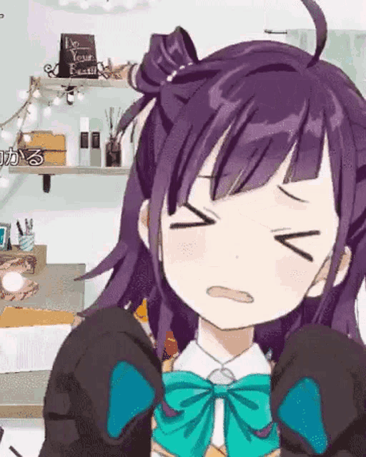 a close up of a purple haired anime girl with her eyes closed .