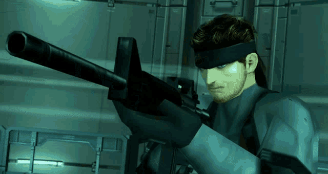 a video game character is holding a rifle with the letter l on it