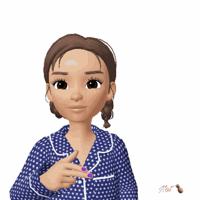 a cartoon girl in a blue and white polka dot pajama top giving the peace sign