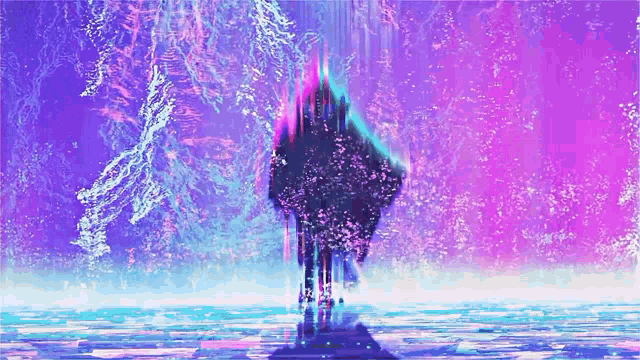 a glitch art painting of a castle in the middle of the ocean .