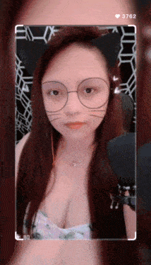 a woman wearing cat ears and glasses has the number 3762 on her phone screen
