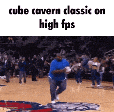 a man is running on a basketball court with the words cube cavern classic on high fps