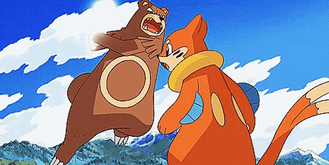 a cartoon drawing of a bear and a cat fighting each other