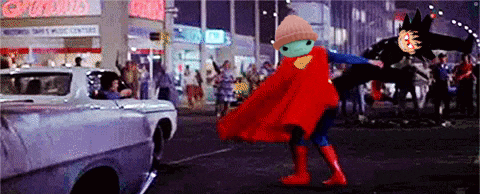 a cartoon character in a superman costume is standing on a street .
