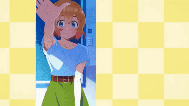 a girl in a blue shirt and green skirt is waving at the camera