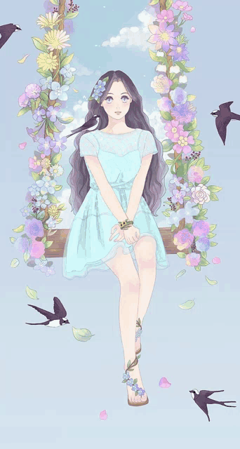 a girl is sitting on a swing with flowers and birds around her