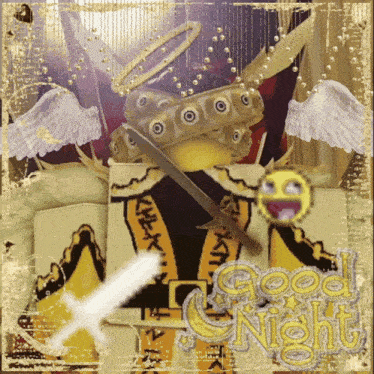 a good night greeting card with a sword and a crown
