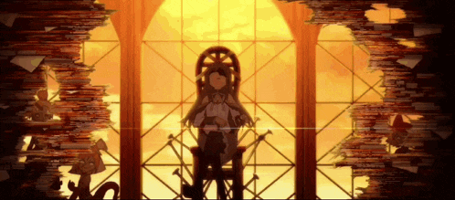 a girl is sitting in a chair in front of a large window