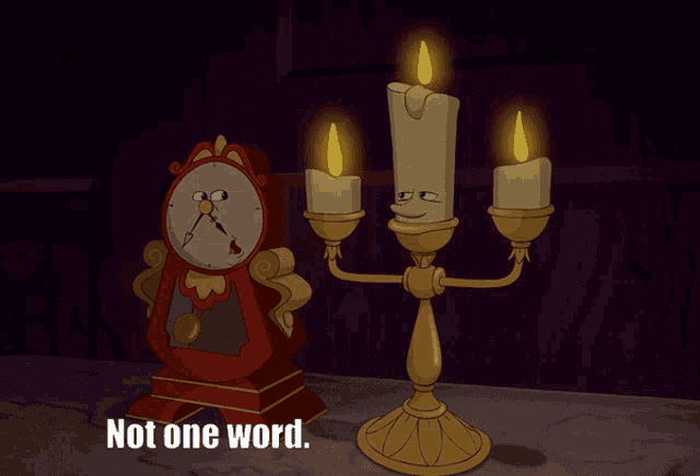a cartoon of a clock and candles with the words not one word