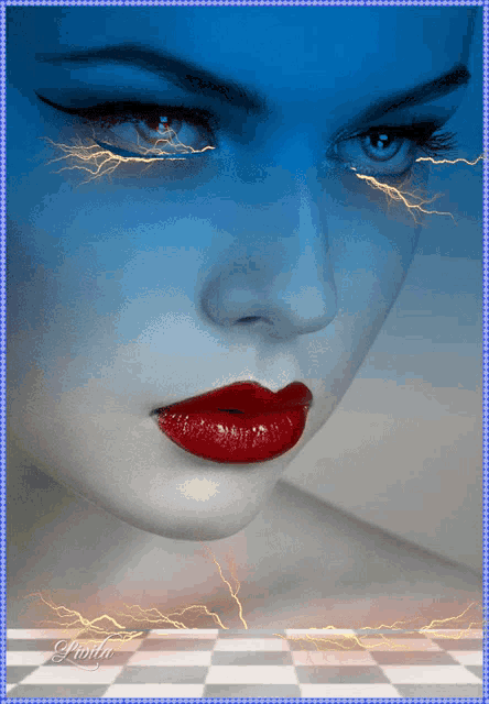 a close up of a woman 's face with red lips and lightning coming out of her eye