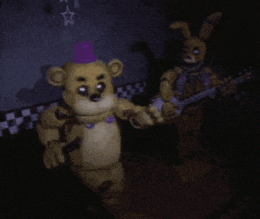 a teddy bear and a bunny are dancing in a dark room .
