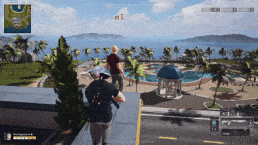 a screenshot of a video game shows a man standing on a balcony overlooking a pool