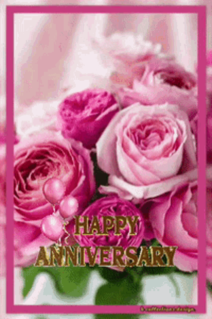 a happy anniversary card with pink roses and hearts