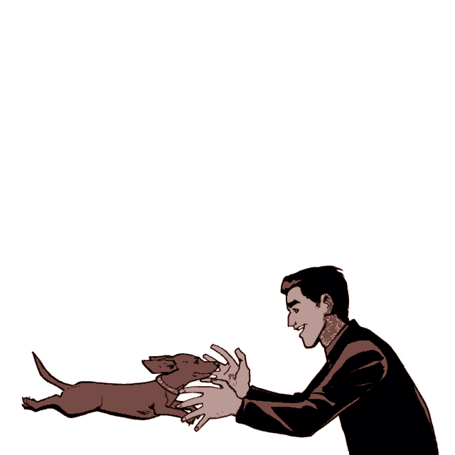 a cartoon of a man playing with a small dog