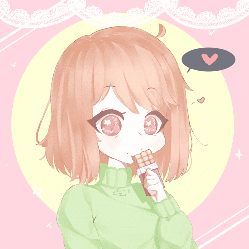 a drawing of a girl holding a chocolate bar with a heart in the background