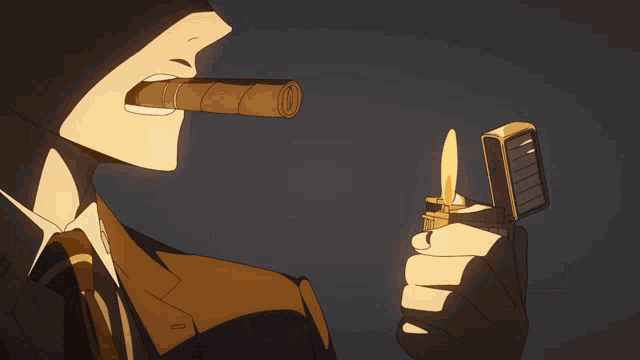 a man in a suit is smoking a cigar and holding a lighter in his hand