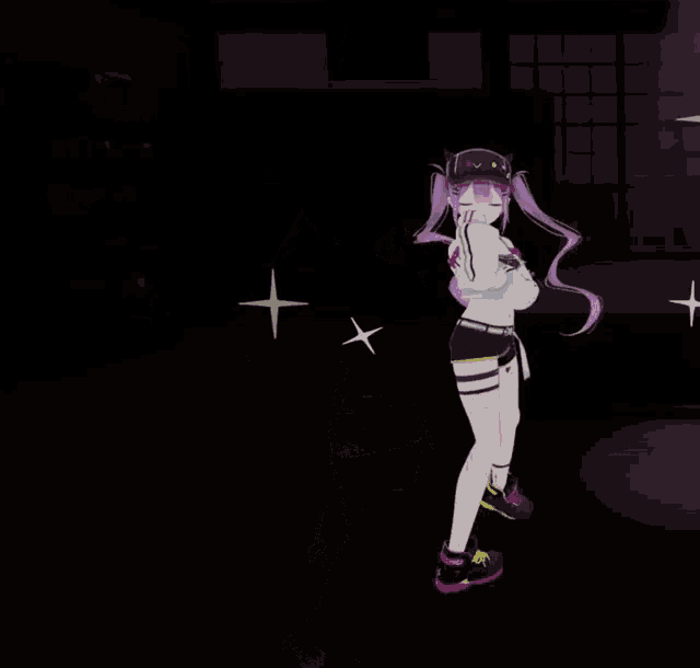 a girl with purple hair and a hat that says " lv " on it