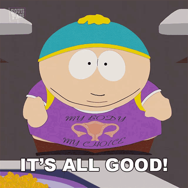a cartoon character from south park is wearing a purple shirt that says my body my choice