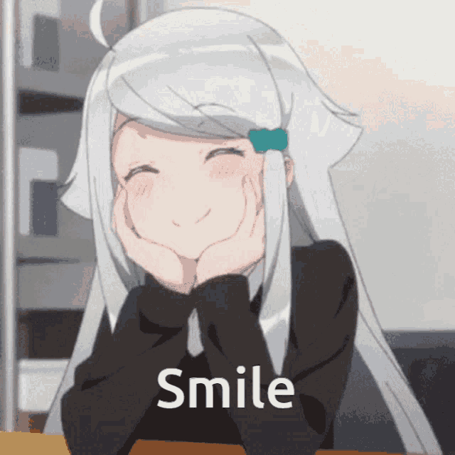 a girl with long white hair is smiling with the word smile written below her
