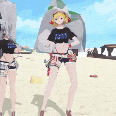 two anime girls are standing on a beach and one has a t-shirt that says a.v.