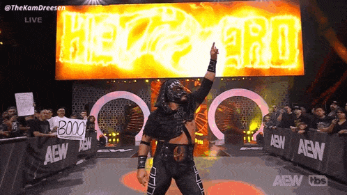a wrestler is standing in front of a large screen that says hotzero