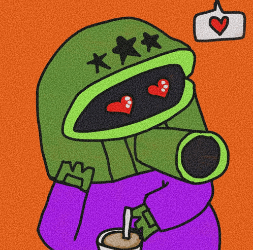 a cartoon character wearing a gas mask and holding a cup of coffee