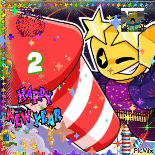 a happy new year greeting card with a yellow cartoon character