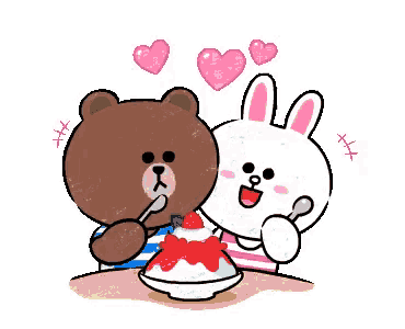 a brown bear and a white rabbit are eating ice cream with hearts above them