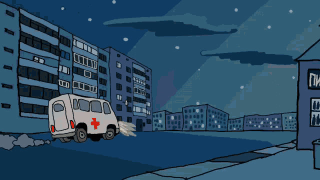a cartoon drawing of an ambulance with the words " ambulance " on the side