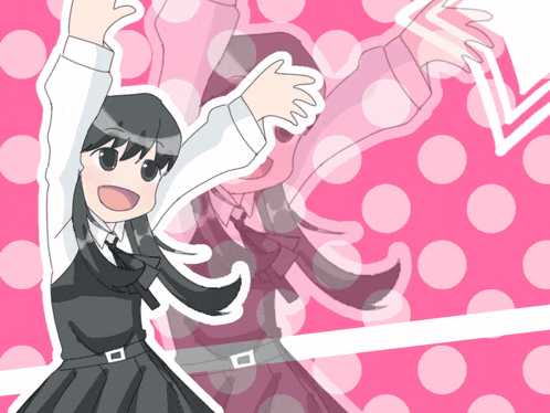 a drawing of a girl with her arms in the air on a pink background