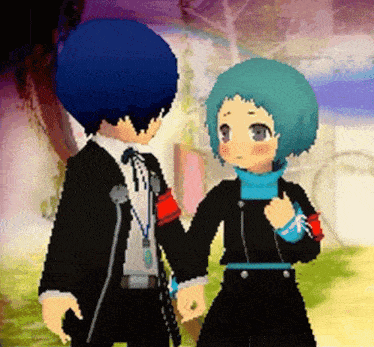 a boy and a girl are holding hands in a video game scene