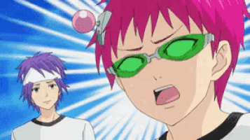 a couple of anime characters with pink hair and green glasses .