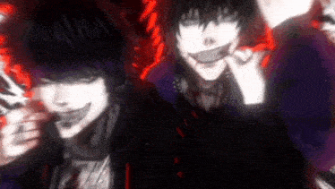 a couple of anime characters are standing next to each other with their mouths open and making funny faces .