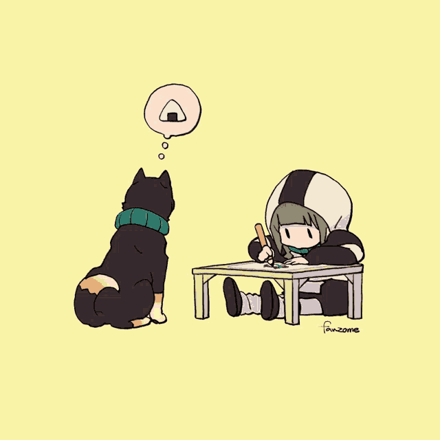 a cartoon drawing of a girl sitting at a table with a dog looking on