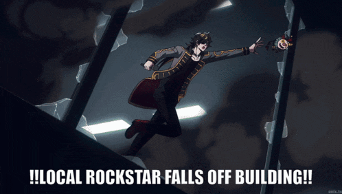 a cartoon of a clown with the words local rockstar falls off building