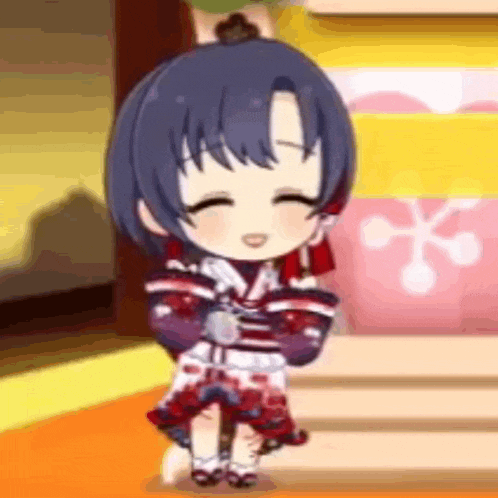 a little girl in a kimono is standing on a set of stairs with her eyes closed .