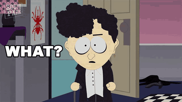 a cartoon character is standing in front of a door and says " what "