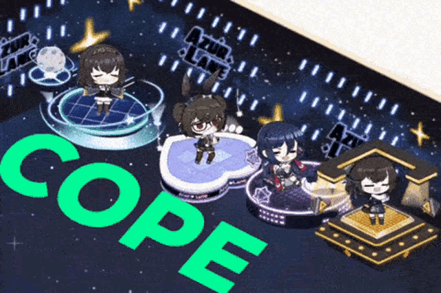 the word cope is on a black background with anime characters