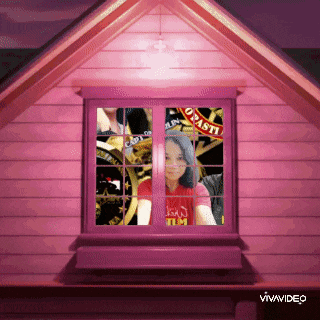 a girl in a red shirt is looking out of a pink window that says vivavideo